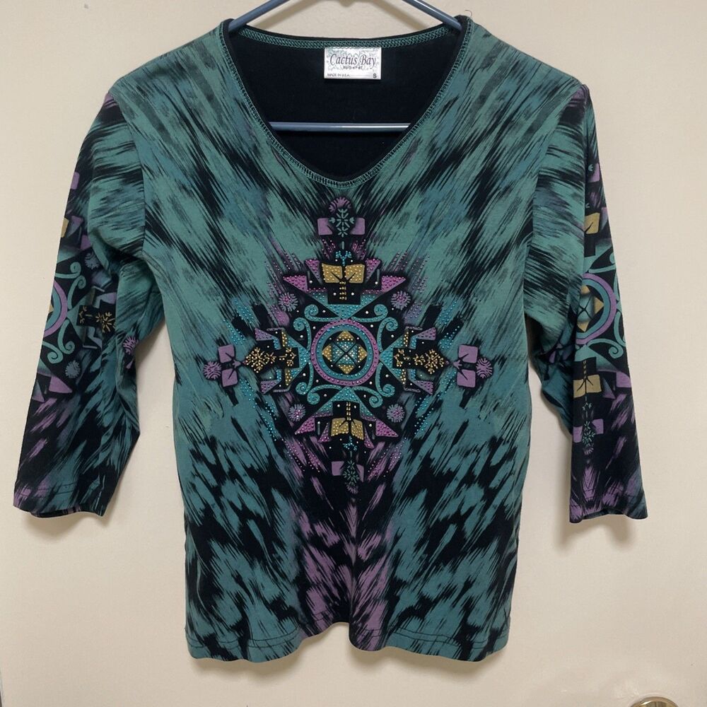 Cactus Bay Womens Boho Aztec Print Top V Neck Green Black Tunic 3/4 Sleeve Small
